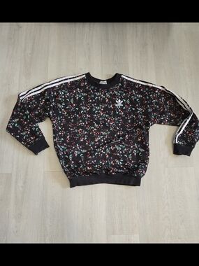 Adidas Women's Black Floral Crew Neck Sweatshirt with White Stripes
